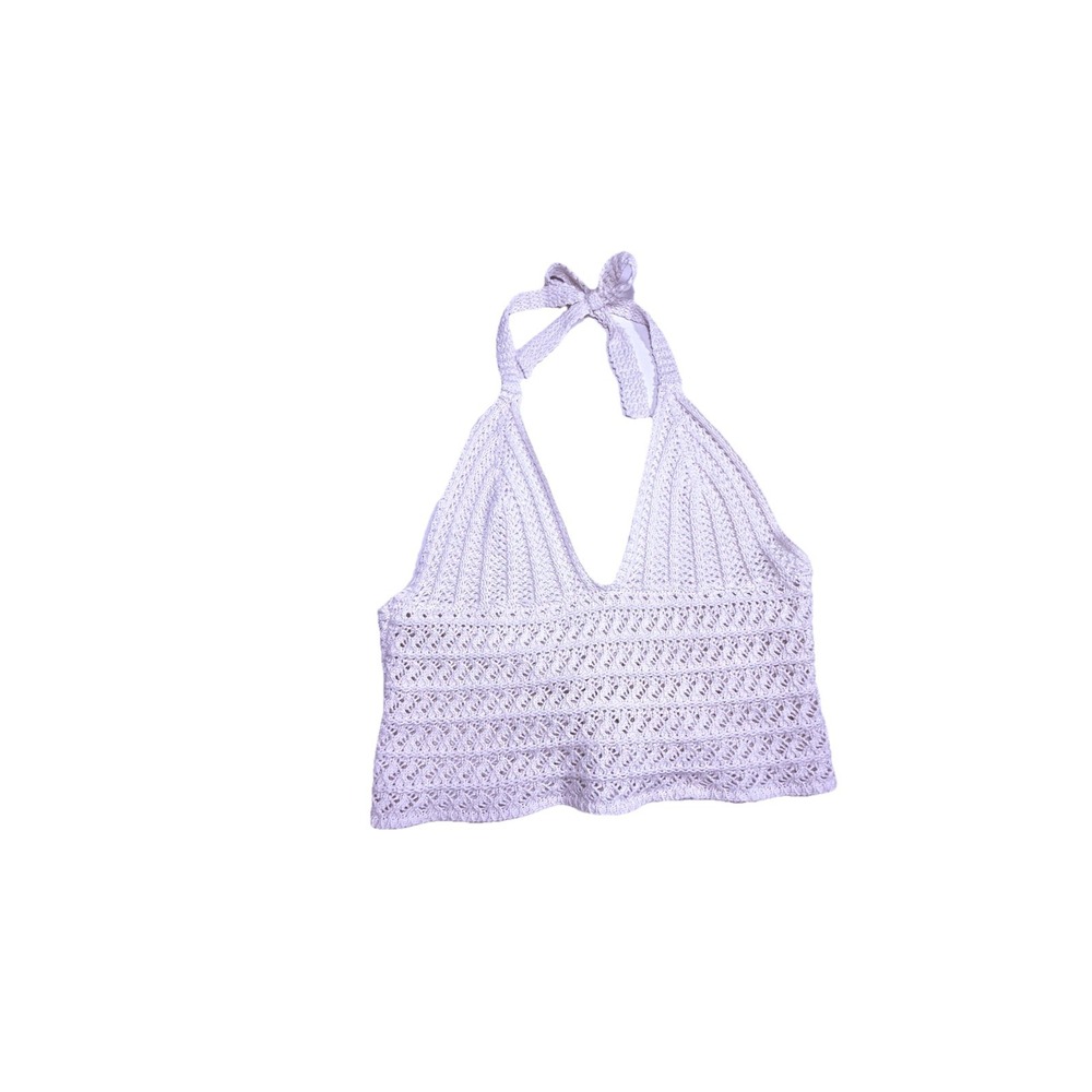 Women Off White Crochet Halter Top Lace-Up Backless V-Neck Ivory One Size